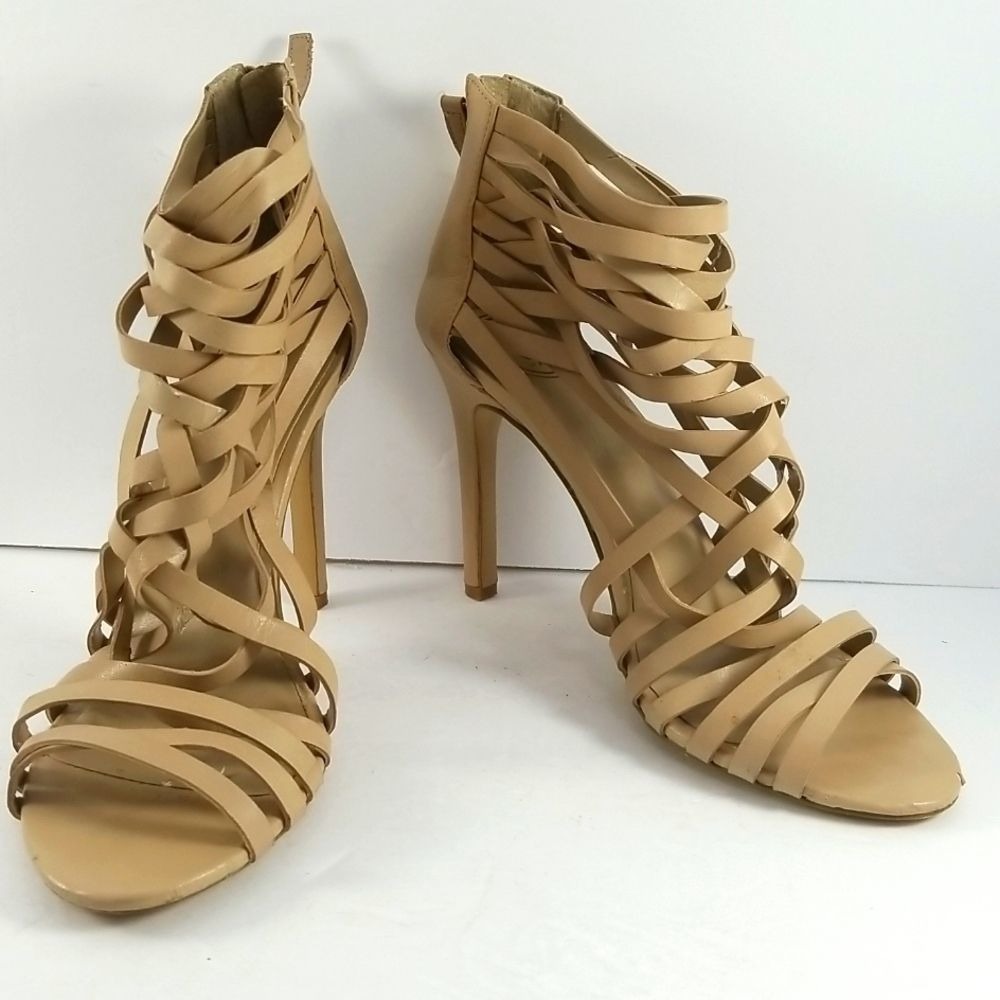 Jessicaโ Simpson Nude Tan Strappy Cage Stiletto Sandals Heels Size 8B JS-KAYTE